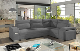 Narożnik Vares do salonu z funkcją spania wypoczynkowy z barkiem i pufą