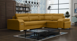 Narożnik Vares do salonu z funkcją spania wypoczynkowy z barkiem i pufą