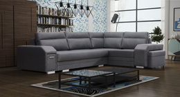 Narożnik Vares do salonu z funkcją spania wypoczynkowy z barkiem i pufą